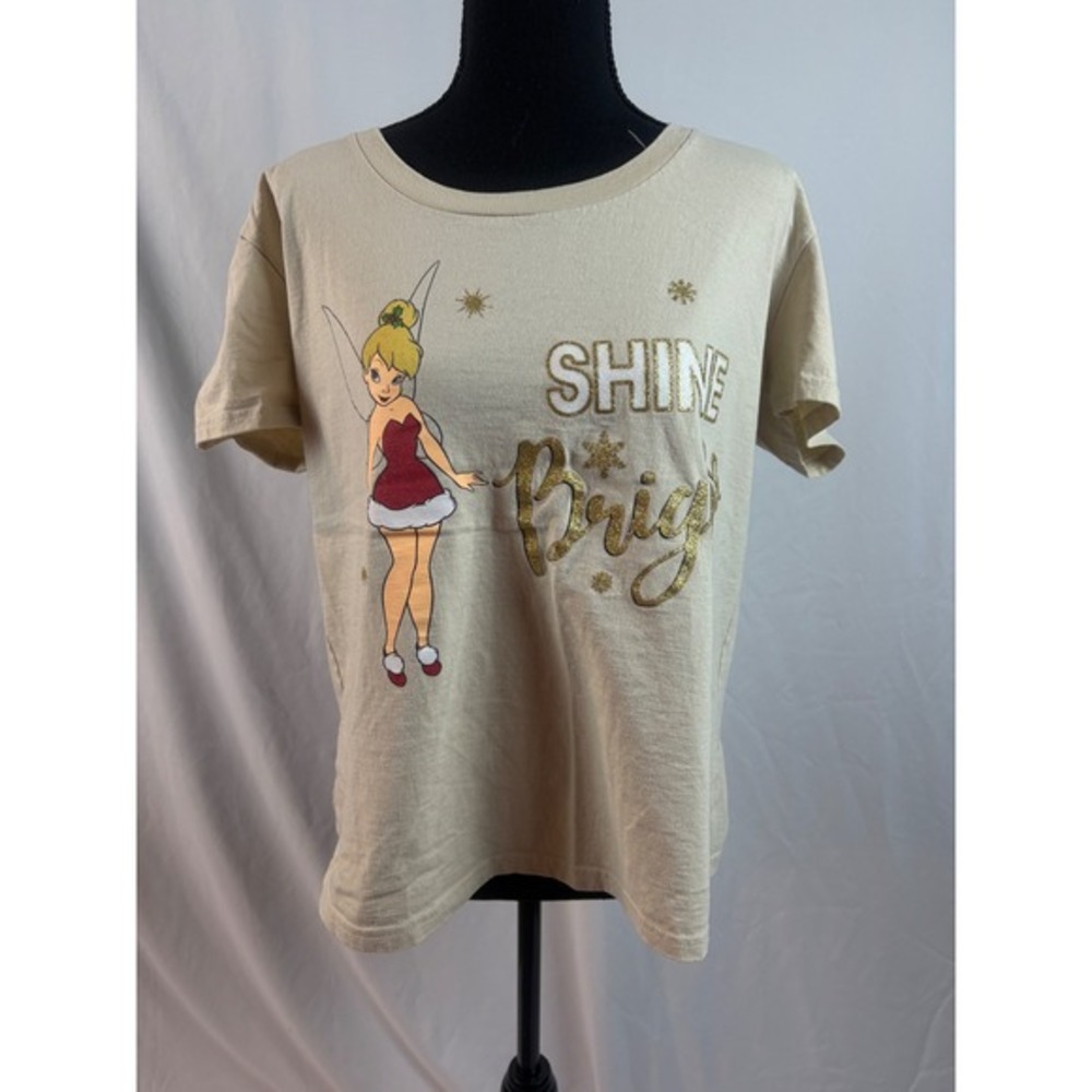 Disney‎ Tinkerbell Shine Bright Graphic T Shirt Beige Short Sleeve Women's XL